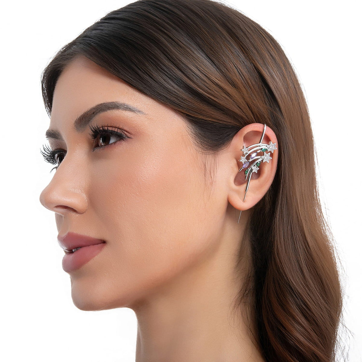 Shooting Star ear cuff in silver on a black ear form